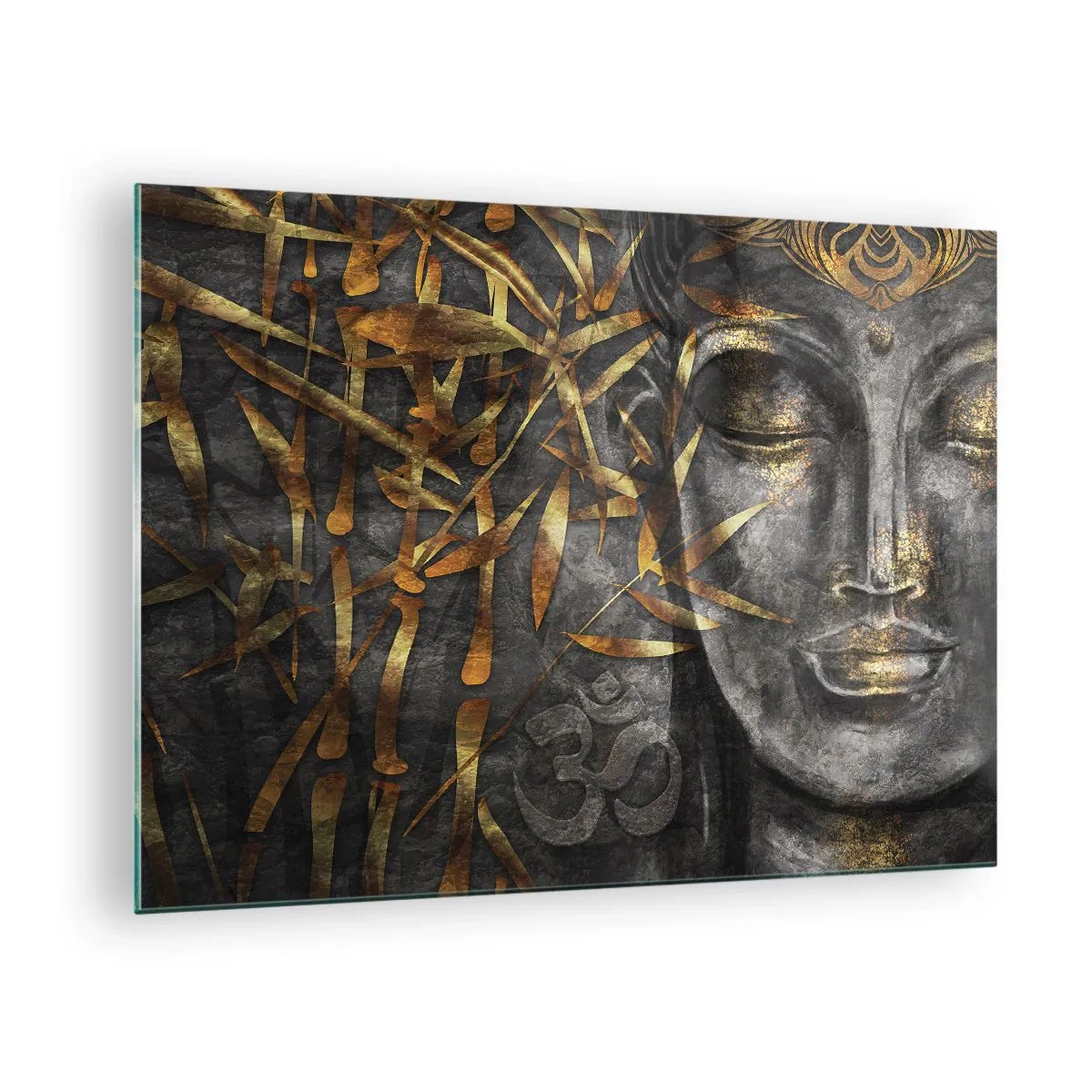 Quadro em vidro - Imagem de Buda dourado sobre fundo de bambu - 70x50cm - Sinta a paz - Decoração de parede moderna para a sala de estar e quarto ARTTOR