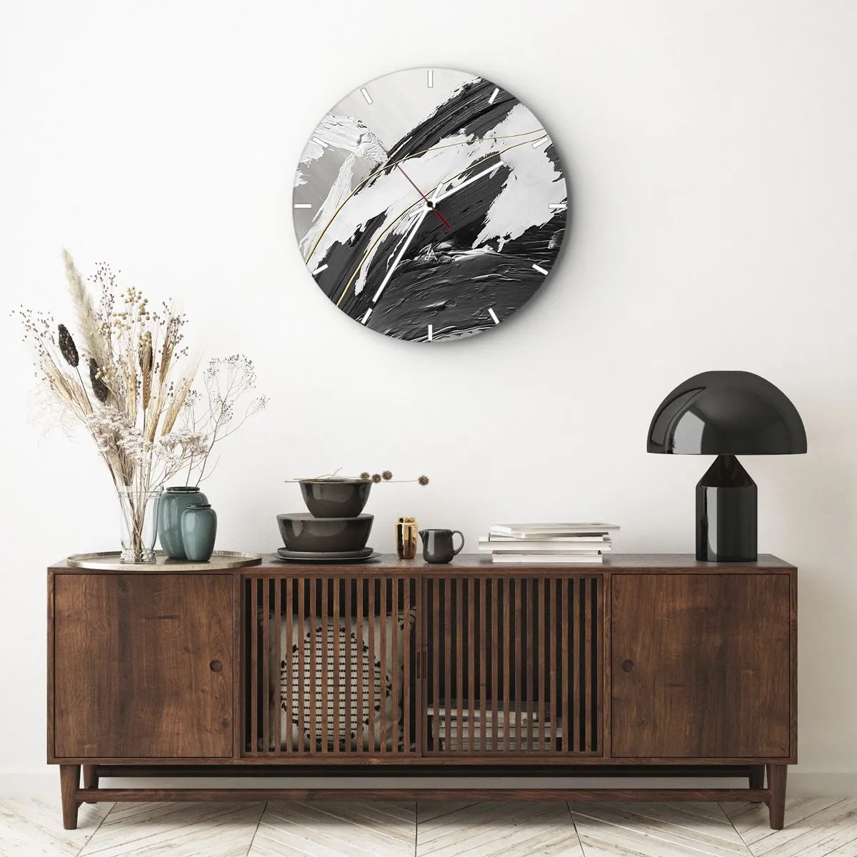Relógio de parede - Relógio em vidro - Pinceladas dinâmicas em preto, branco e cinza - 30x30cm - Abstração em grande escala - Decoração de parede moderna para a sala de estar, cozinha e quarto ARTTOR