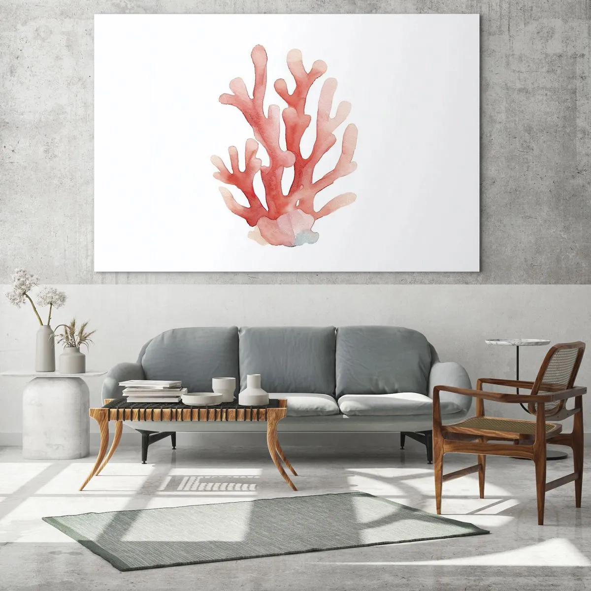Quadro em vidro - Coral rosa aquarela sobre fundo branco - 70x50cm - Coral de cor coral - Decoração de parede moderna para a sala de estar e quarto ARTTOR