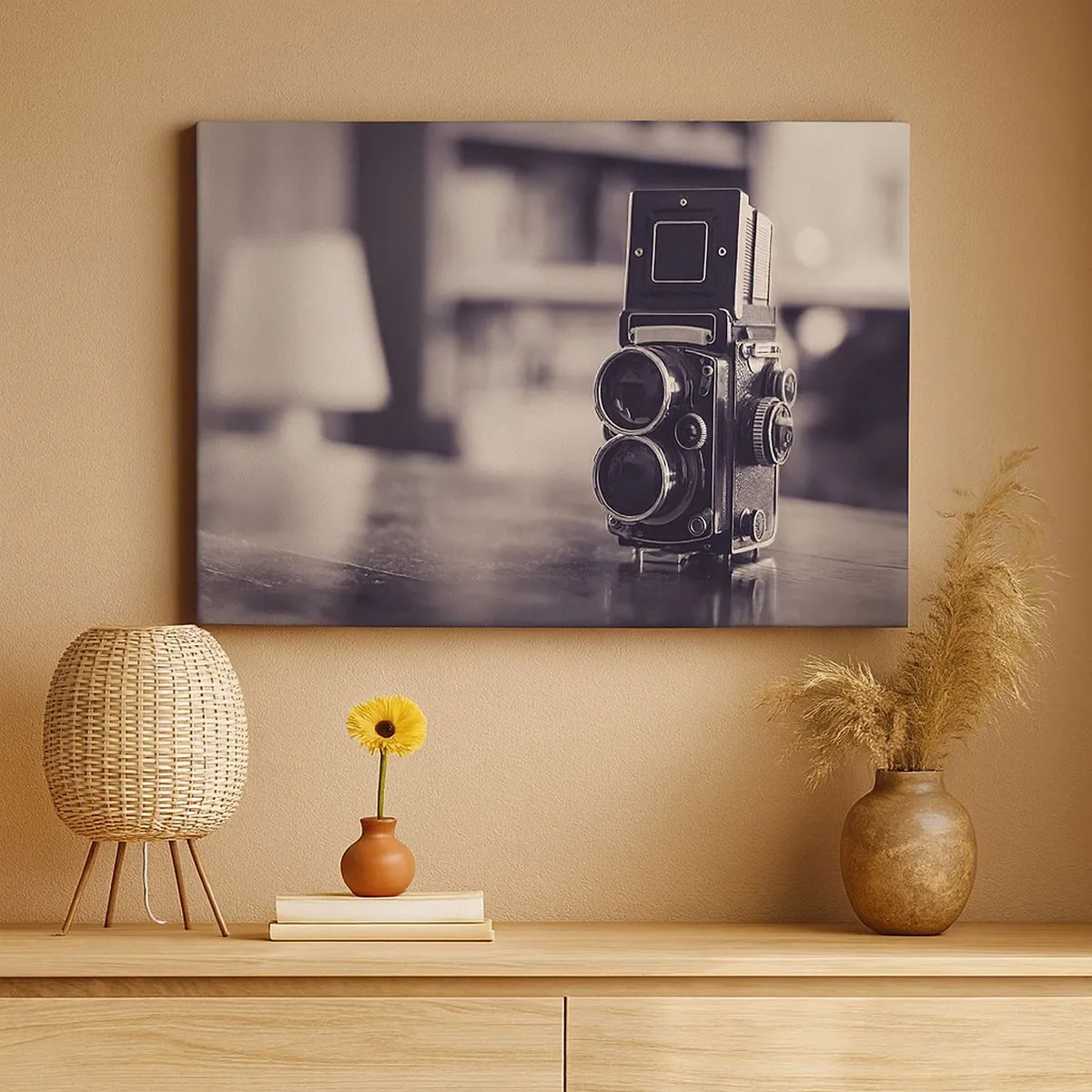 Quadro em tela - Câmera antiga em preto e branco - 70x50cm - A magia da fotografia antiga - Decoração de parede moderna para a sala de estar e quarto ARTTOR