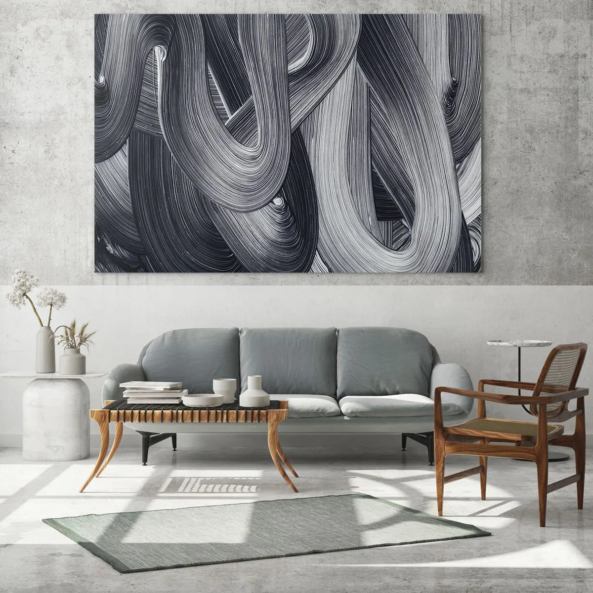 Quadro em vidro - Pinceladas abstratas em tons de preto e cinza - 70x50cm - A fluidez da realidade - Decoração de parede moderna para a sala de estar e quarto ARTTOR