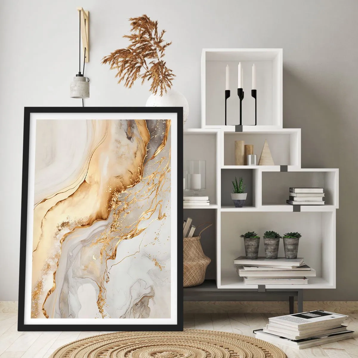 Pôster com moldura preta - Composição abstrata de mármore dourado e branco - 50x70cm - Abstração: beleza e bondade - Decoração de parede moderna para a sala de estar e quarto ARTTOR