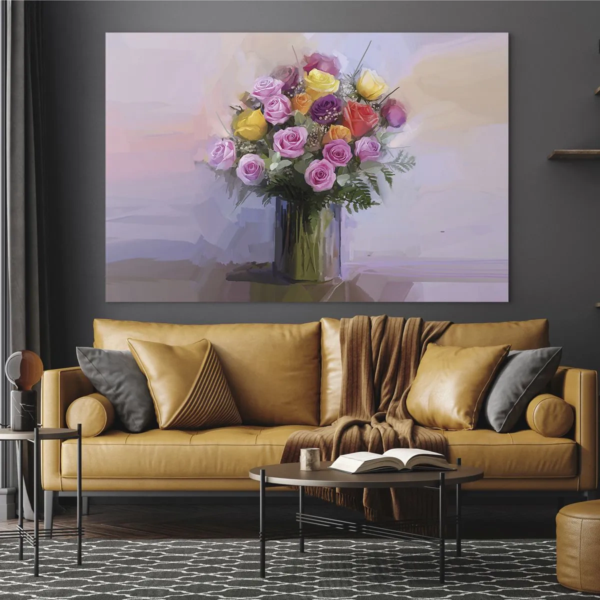 Quadro em vidro - Um buquê de rosas em um vaso de vidro sobre um fundo pastel - 70x50cm - Beleza retida - Decoração de parede moderna para a sala de estar e quarto ARTTOR