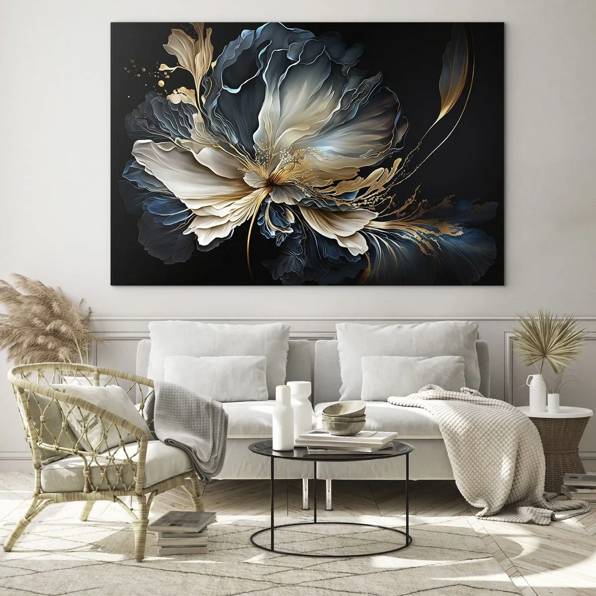 Quadro em vidro - Uma flor extravagante em tons de dourado, azul marinho e bege sobre preto - 70x50cm - Flor de samambaia de conto de fadas - Decoração de parede moderna para a sala de estar e quarto ARTTOR
