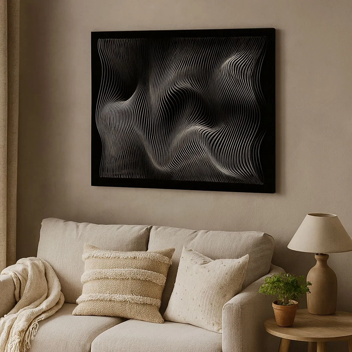 Quadro em tela - Linhas brancas abstratas em um fundo preto - 70x50cm - Dança de luz no espaço - Decoração de parede moderna para a sala de estar e quarto ARTTOR