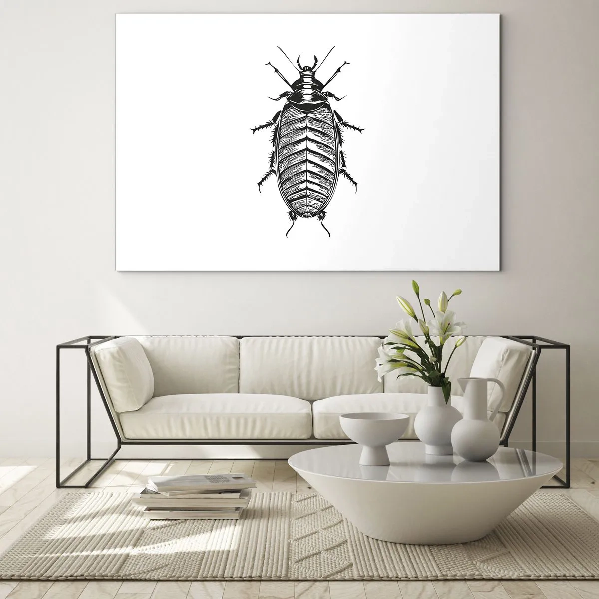 Quadro em vidro - Ilustração em preto e branco de um inseto em um fundo branco - 70x50cm - Que exemplo! - Decoração de parede moderna para a sala de estar e quarto ARTTOR