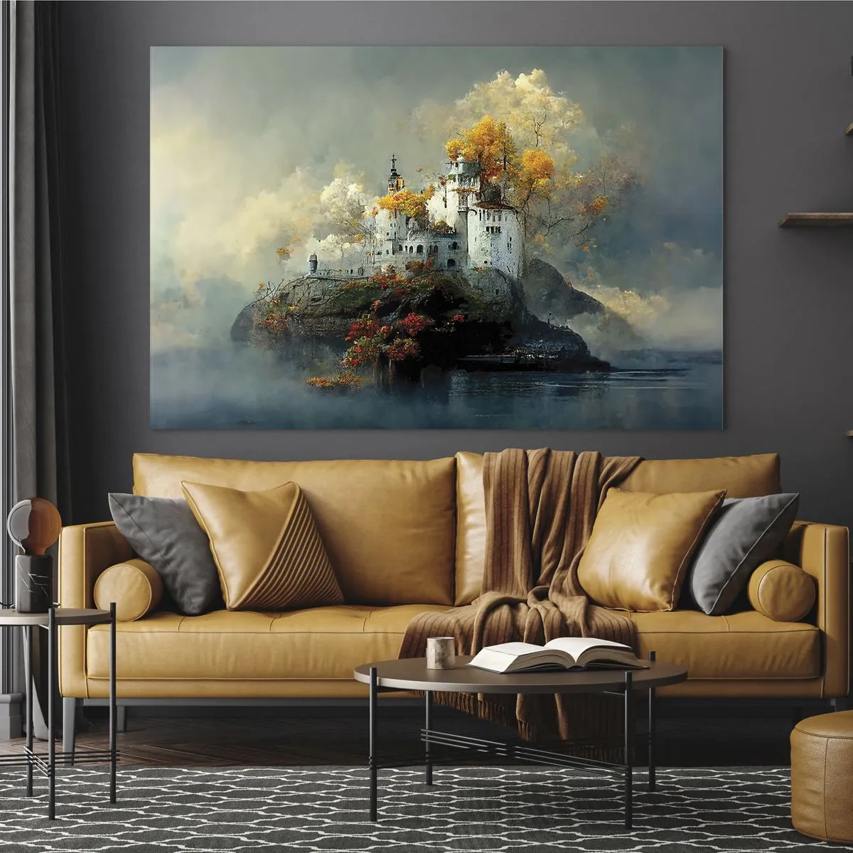 Quadro em vidro - Um castelo sobre uma rocha cercado por neblina e árvores de outono - 70x50cm - O começo de uma história romântica - Decoração de parede moderna para a sala de estar e quarto ARTTOR