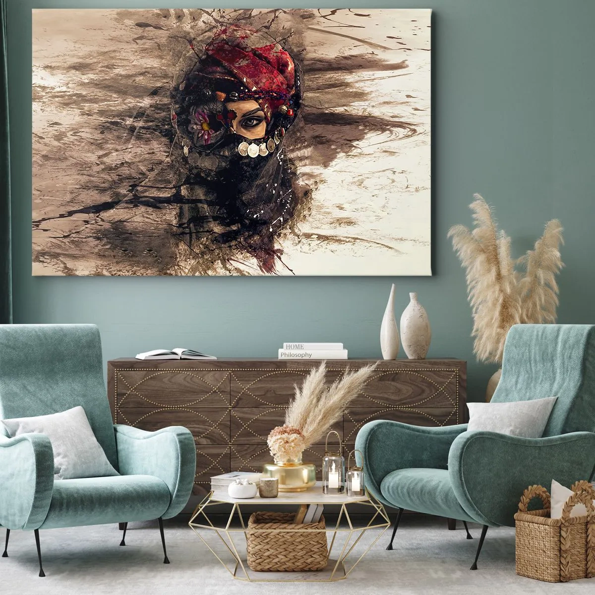 Quadro em tela - Retrato artístico de uma mulher em traje oriental sobre um fundo abstrato. - 70x50cm - Perturbador, para dizer o mínimo - Decoração de parede moderna para a sala de estar e quarto ARTTOR