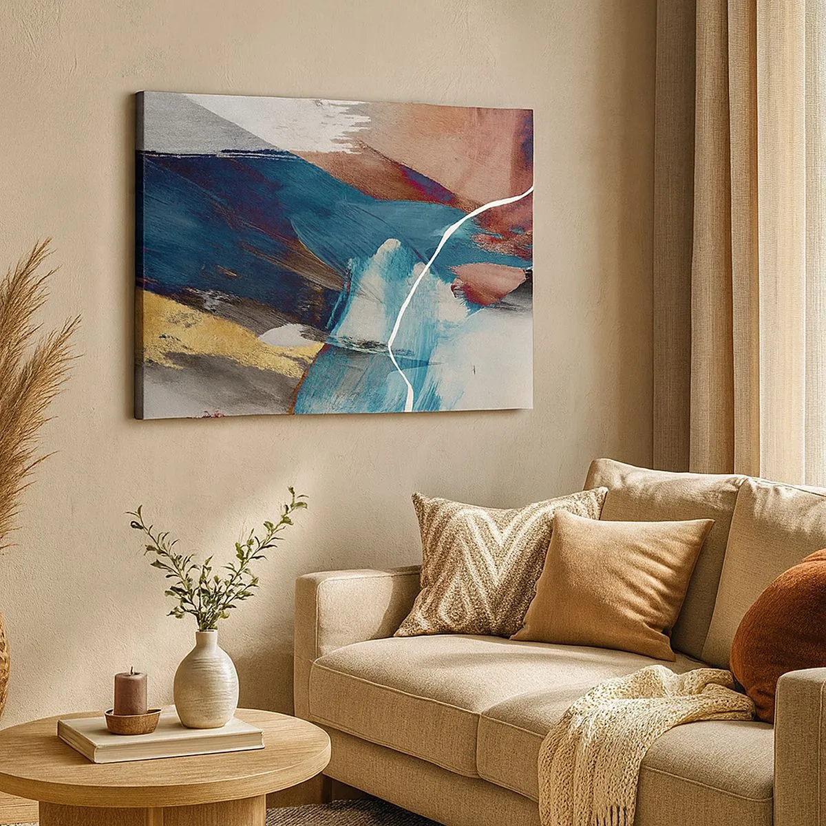 Quadro em tela - Pinceladas abstratas em tons de azul e dourado - 70x50cm - Com elegância e energia - Decoração de parede moderna para a sala de estar e quarto ARTTOR