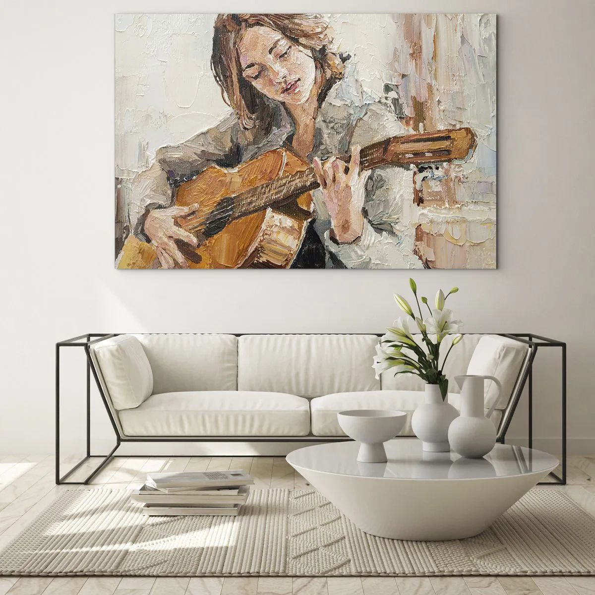 Quadro em vidro - Uma garota tocando violão em um estilo impressionista - 70x50cm - Concerto de violão e coração de rapariga - Decoração de parede moderna para a sala de estar e quarto ARTTOR