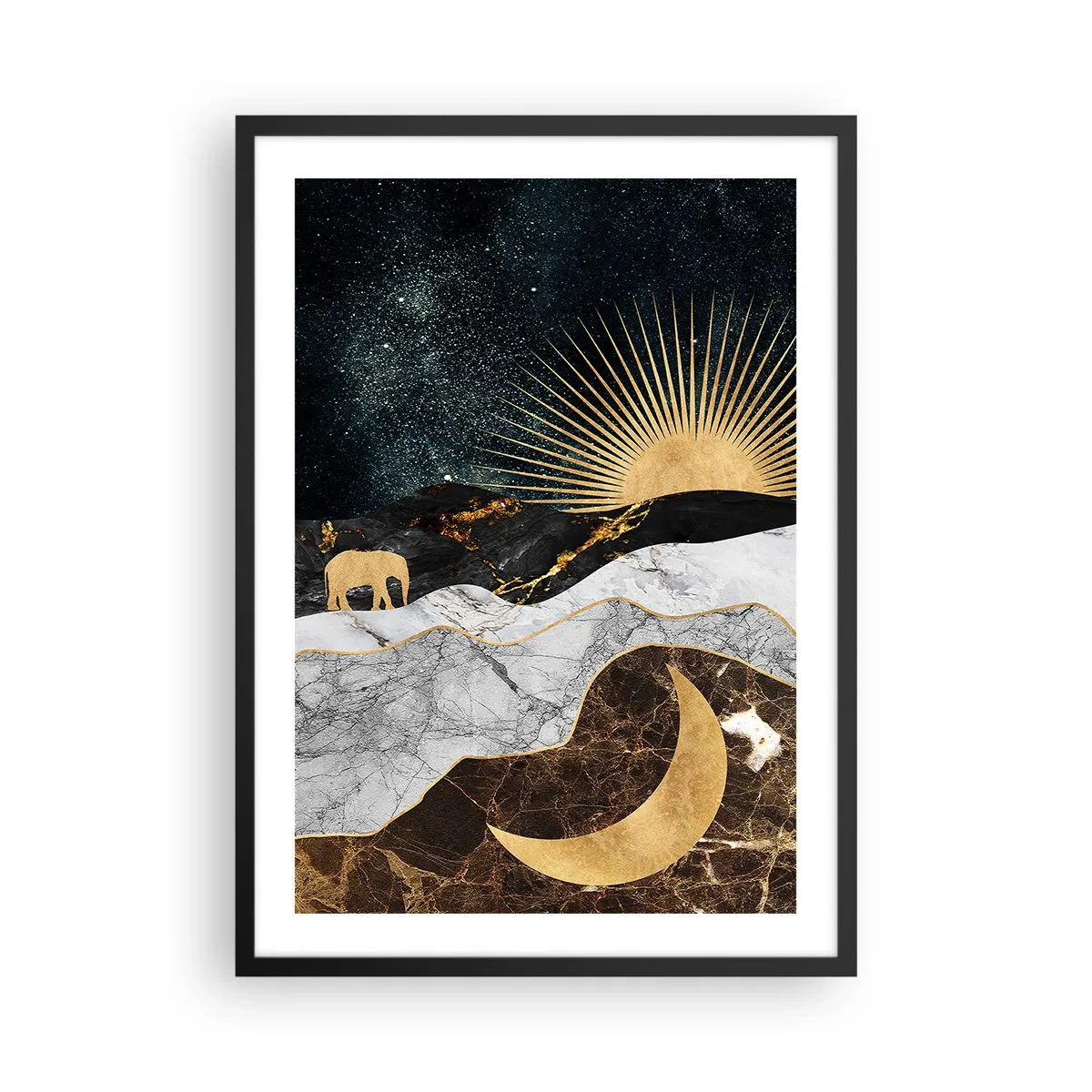 Pôster com moldura preta - Paisagem dourada com a lua, o sol e a silhueta de um elefante - 50x70cm - Leis eternas - Decoração de parede moderna para a sala de estar e quarto ARTTOR