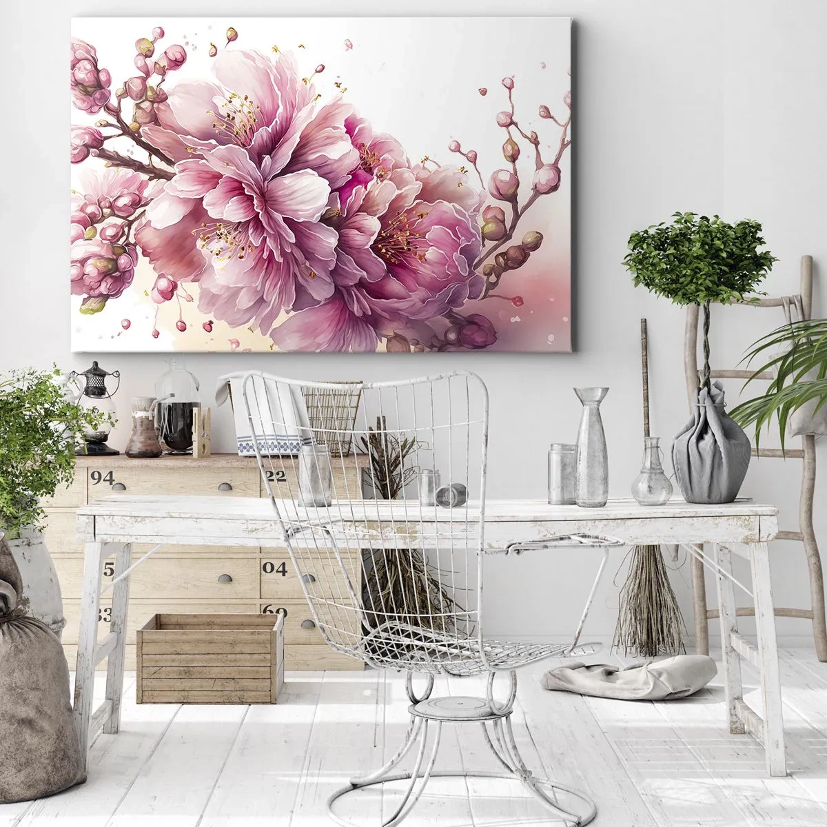 Quadro em tela - Delicadas flores de cerejeira em plena floração contra um fundo claro - 70x50cm - Flor de cerejeira - Decoração de parede moderna para a sala de estar e quarto ARTTOR