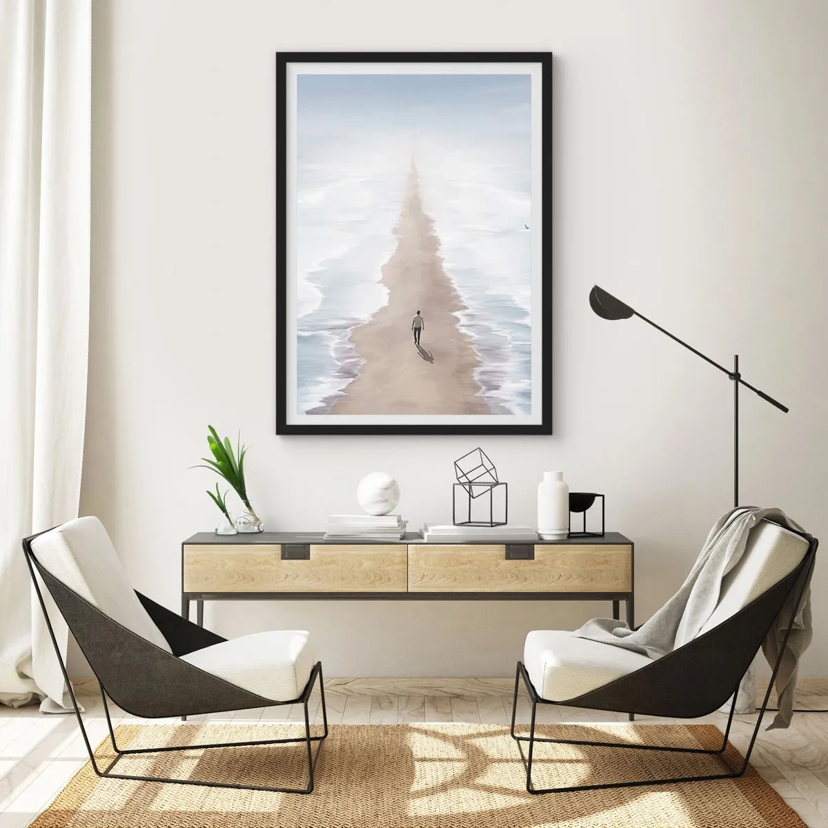 Pôster com moldura preta - Uma figura caminha sozinha por um caminho entre águas calmas. - 50x70cm - Um futuro brilhante - Decoração de parede moderna para a sala de estar e quarto ARTTOR