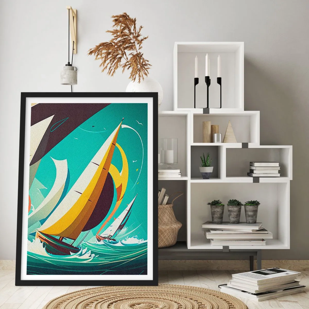 Pôster com moldura preta - Regata de vela abstrata em um mar tempestuoso - 50x70cm - Boa sorte com os elementos - Decoração de parede moderna para a sala de estar e quarto ARTTOR