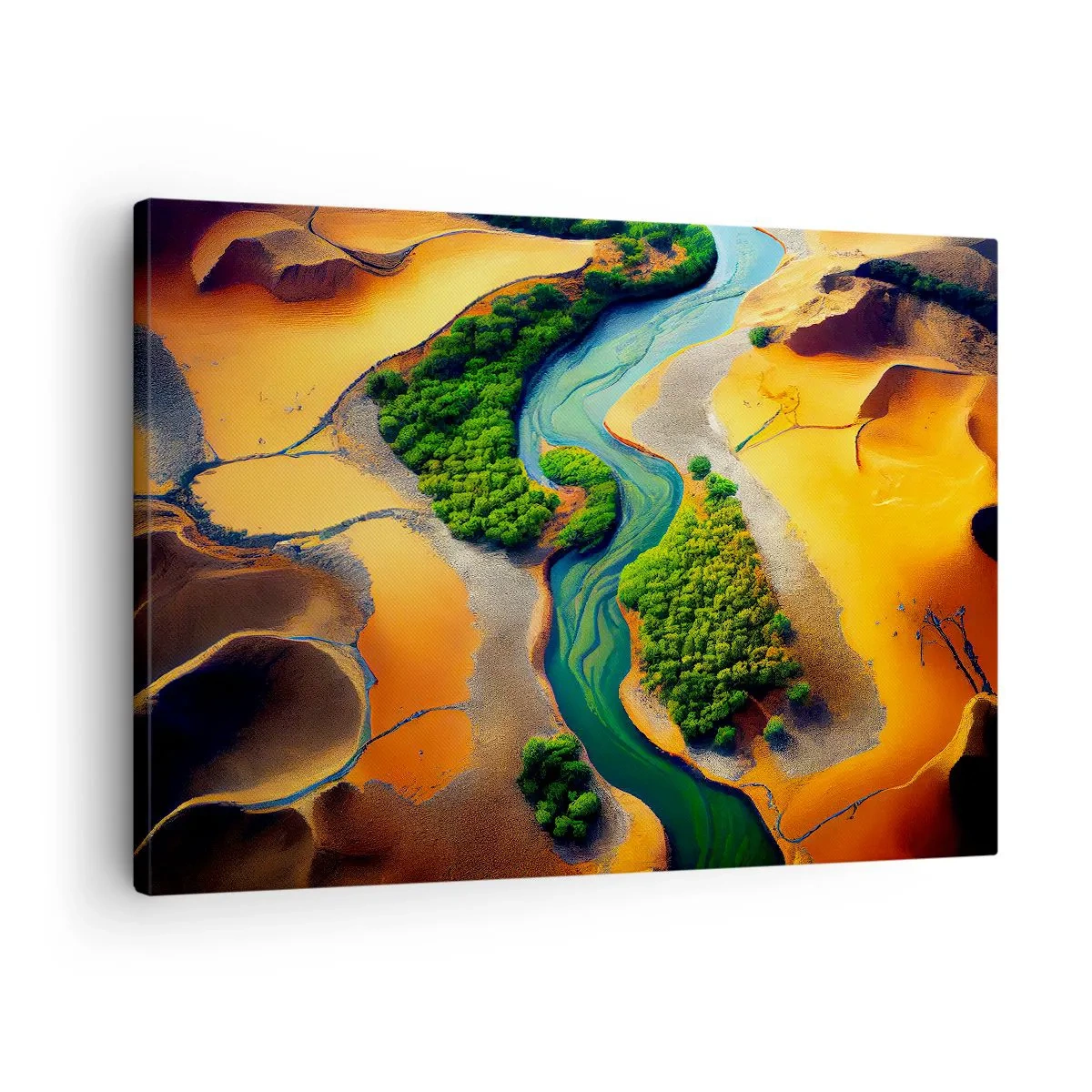 Quadro em tela - Um rio verde cercado por areias douradas e vegetação - 70x50cm - Rio que dá vida - Decoração de parede moderna para a sala de estar e quarto ARTTOR