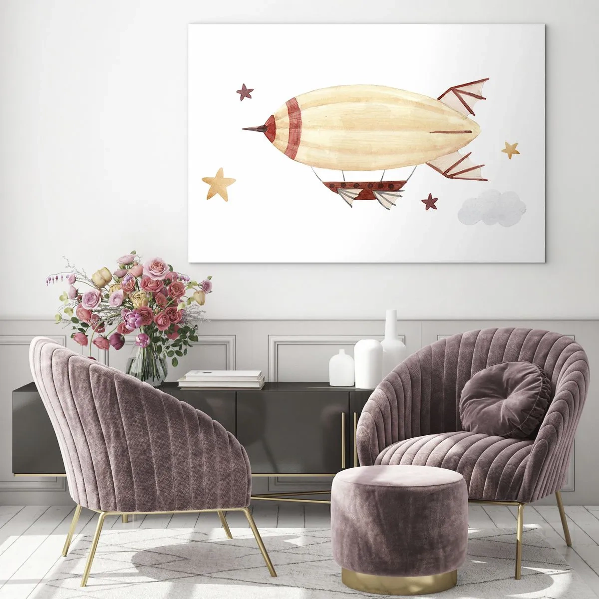 Quadro em vidro - Um dirigível de desenho animado entre as estrelas em um fundo branco - 70x50cm - Dirigível - Decoração de parede moderna para a sala de estar e quarto ARTTOR