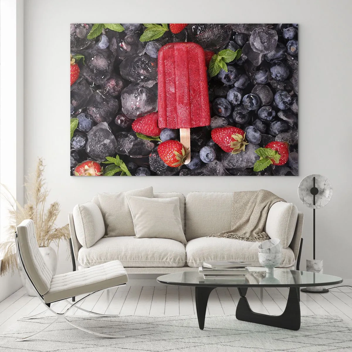 Quadro em vidro - Um pedaço de gelo entre frutas congeladas e folhas de hortelã - 70x50cm - O sabor de um verão quente - Decoração de parede moderna para a sala de estar e quarto ARTTOR