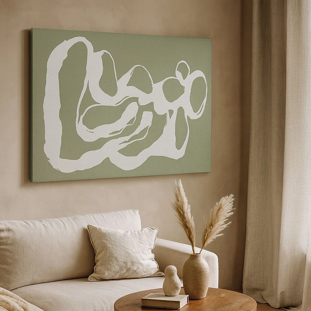 Quadro em tela - Formas orgânicas em branco sobre fundo verde - 70x50cm - A chamada do espaço - Decoração de parede moderna para a sala de estar e quarto ARTTOR