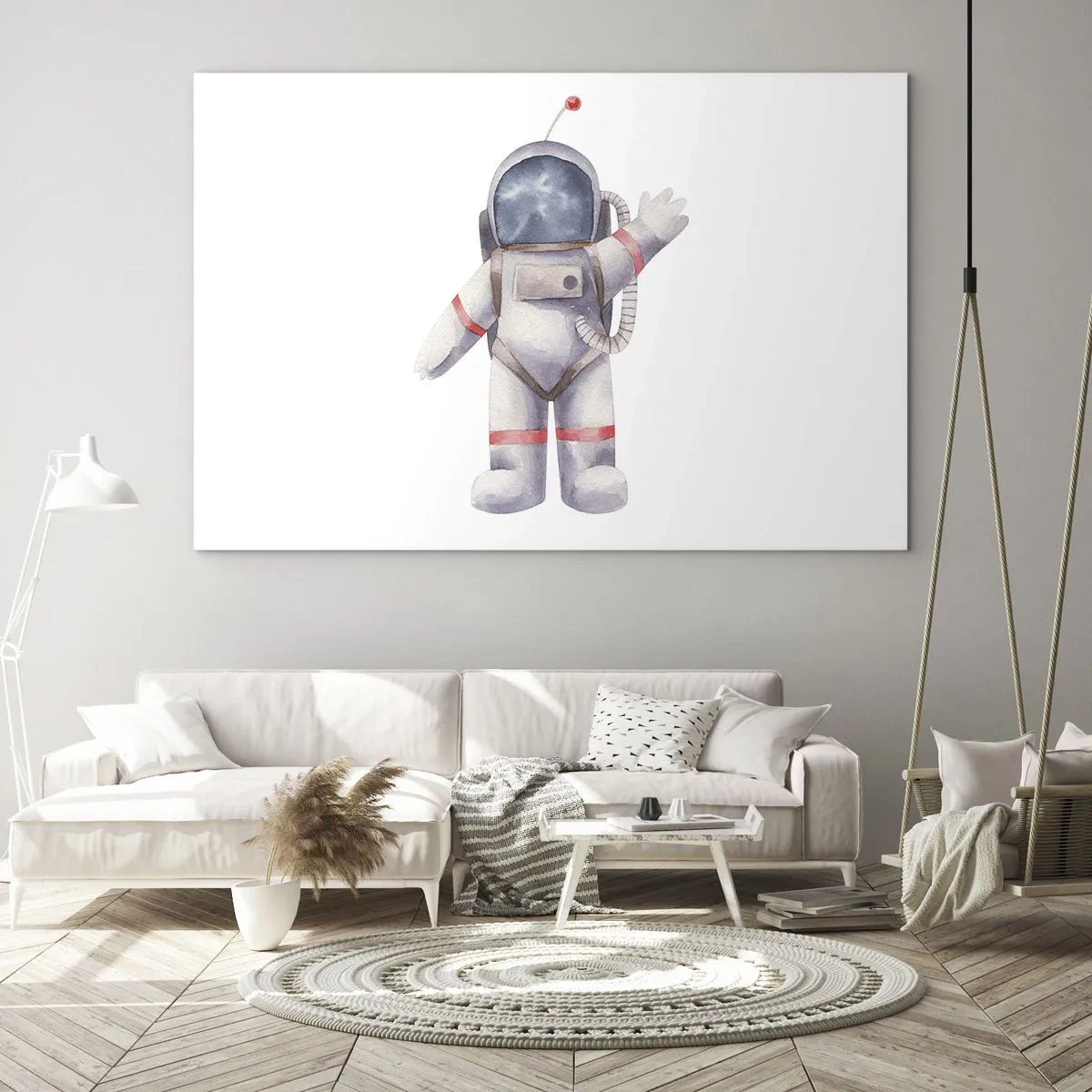 Quadro em vidro - Astronauta acenando no espaço - 70x50cm - Por enquanto é isso! - Decoração de parede moderna para a sala de estar e quarto ARTTOR