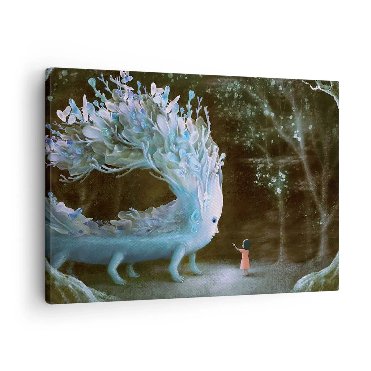 Quadro em tela - A figura de uma menina diante de uma criatura fantástica - 70x50cm - Encontro fantástico - Decoração de parede moderna para a sala de estar e quarto ARTTOR