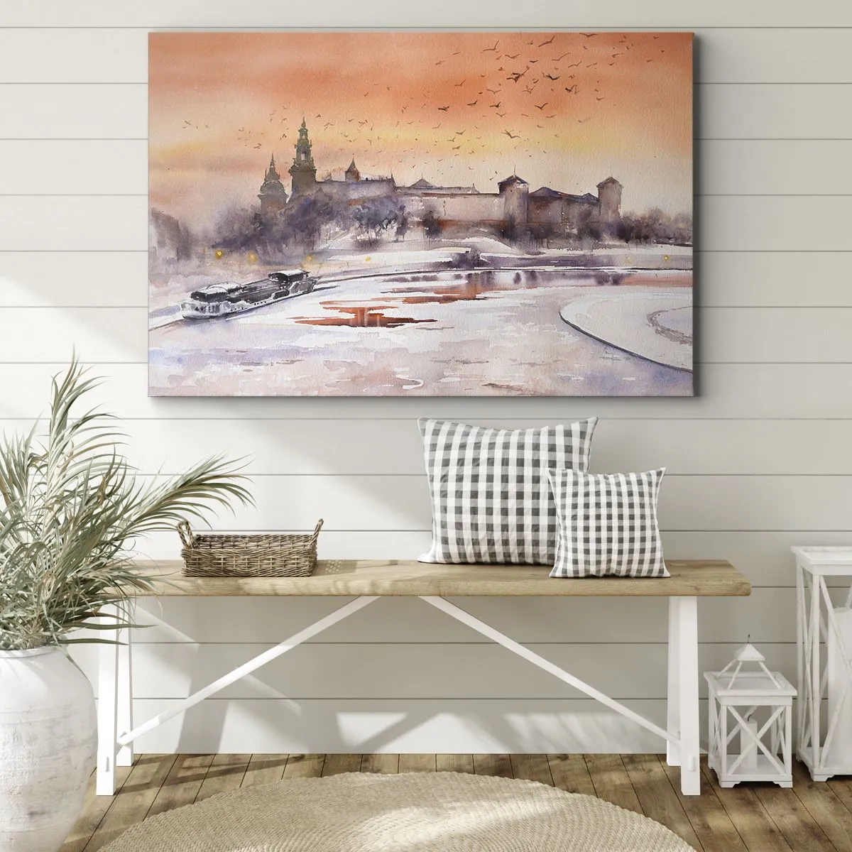 Quadro em tela - Pôr do sol sobre o castelo em um cenário de inverno - 70x50cm - Pôr do sol real - Decoração de parede moderna para a sala de estar e quarto ARTTOR