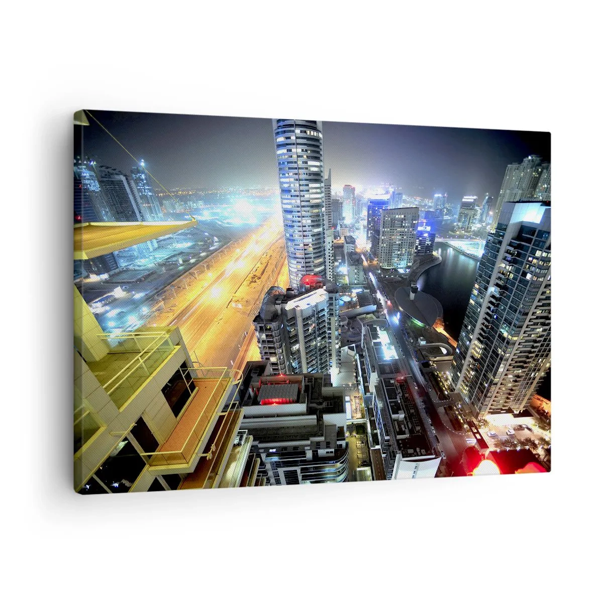 Quadro em tela - Panorama da cidade noturna com arranha-céus iluminados - 70x50cm - Milagre no deserto - Decoração de parede moderna para a sala de estar e quarto ARTTOR