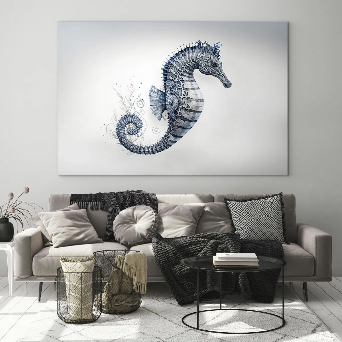 Quadro em vidro - Cavalo-marinho azul sobre fundo claro em estilo de desenho - 70x50cm - Uma piada sutil da natureza - Decoração de parede moderna para a sala de estar e quarto ARTTOR