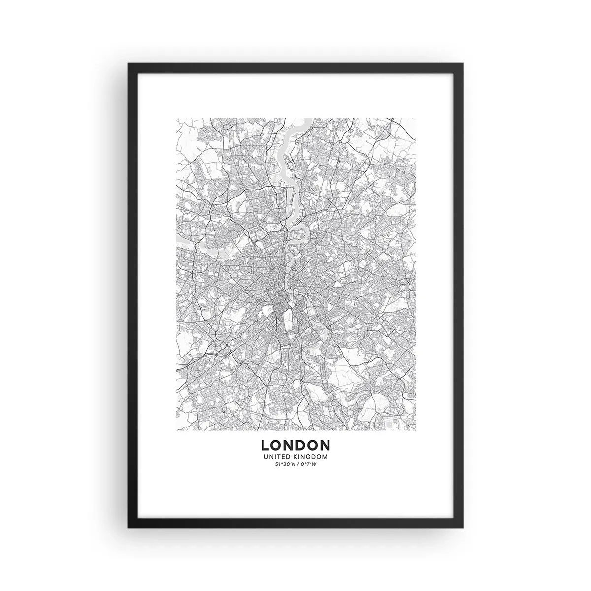 Pôster com moldura preta - Mapa preto e branco de Londres com detalhes precisos das ruas - 50x70cm - Mapa do labirinto de Londres - Decoração de parede moderna para a sala de estar e quarto ARTTOR