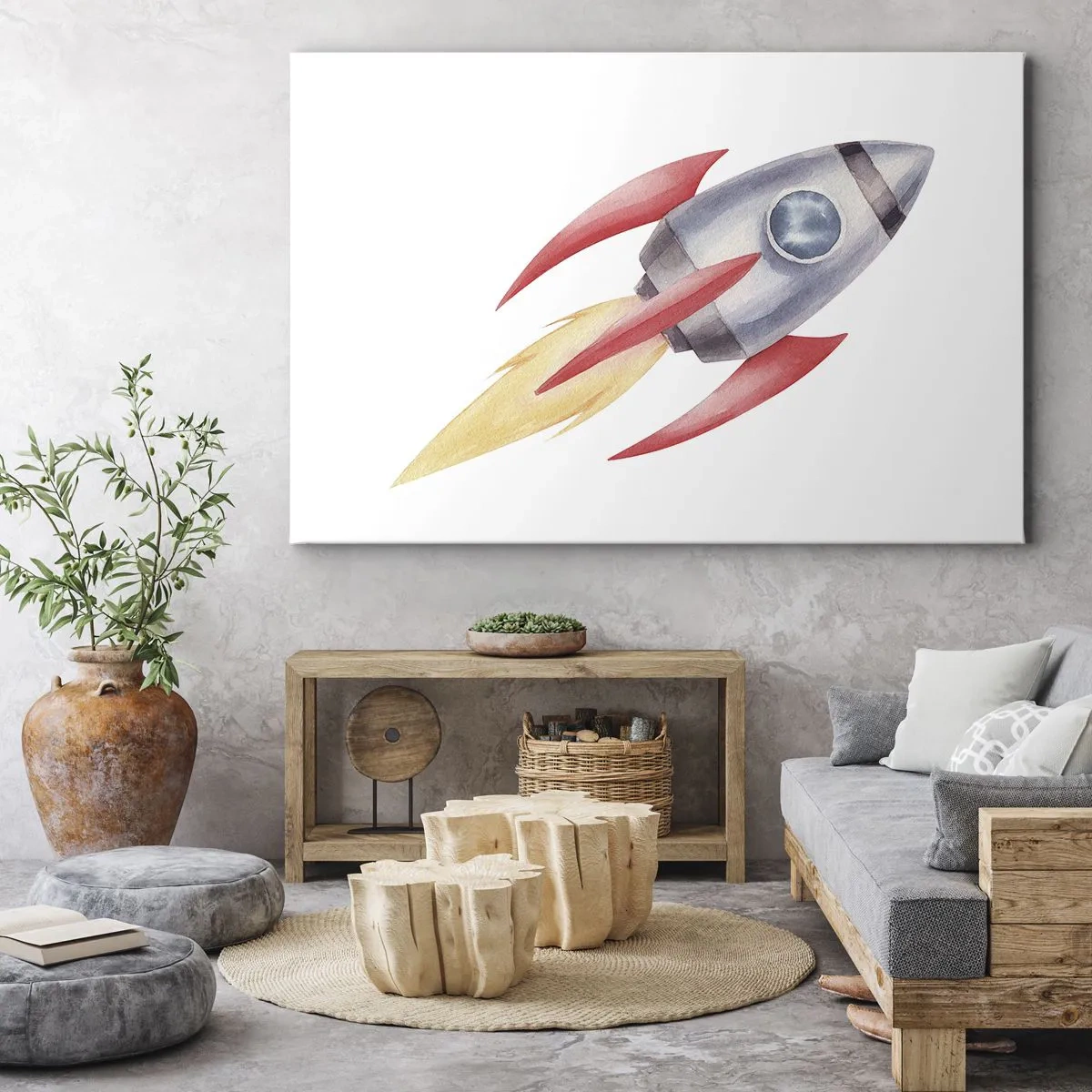 Quadro em tela - Foguete estilo aquarela em fundo branco - 70x50cm - Mais alto, mais rápido e mais longe - Decoração de parede moderna para a sala de estar e quarto ARTTOR