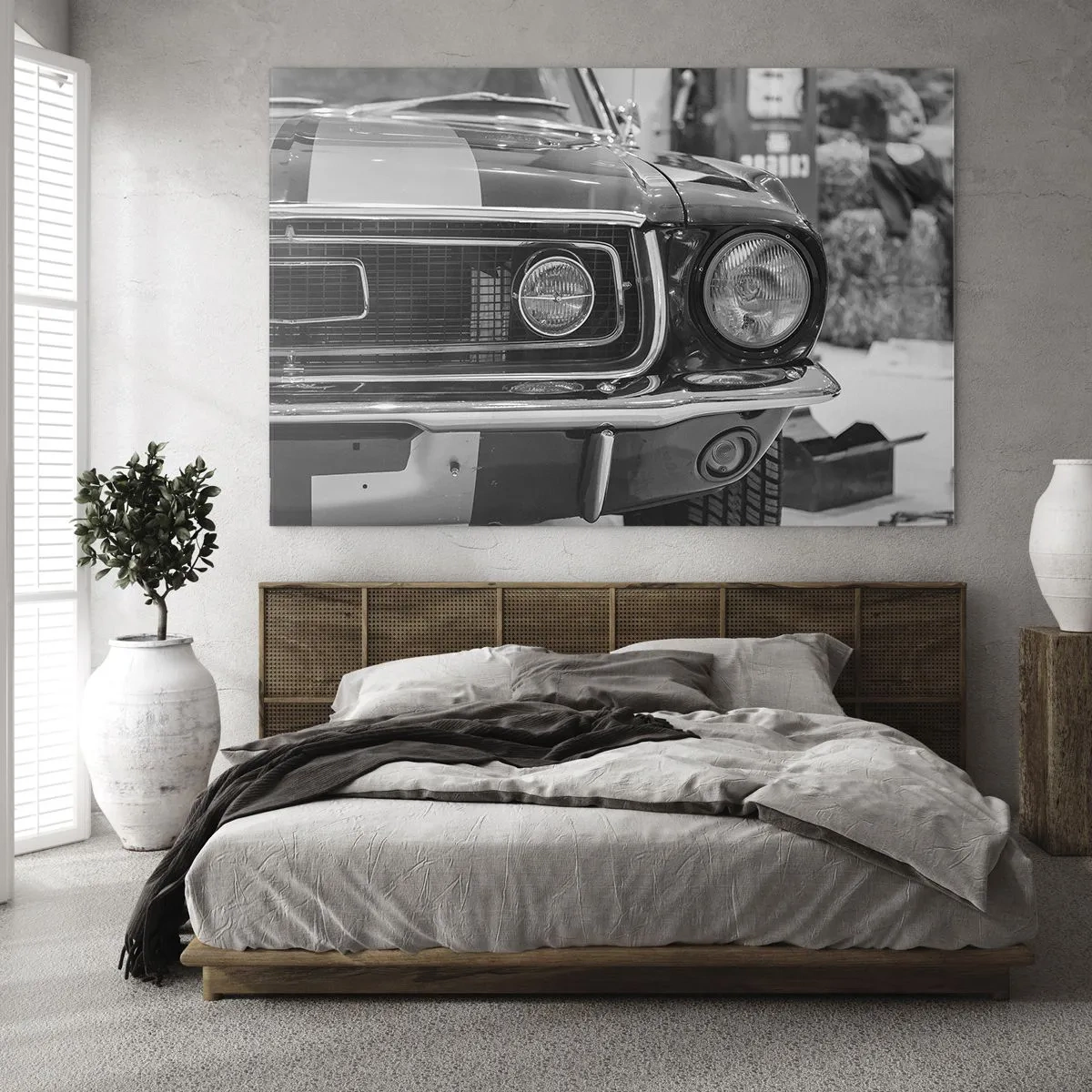 Quadro em vidro - Close-up da frente de um carro de corrida clássico - 70x50cm - Condução perigosa - Decoração de parede moderna para a sala de estar e quarto ARTTOR