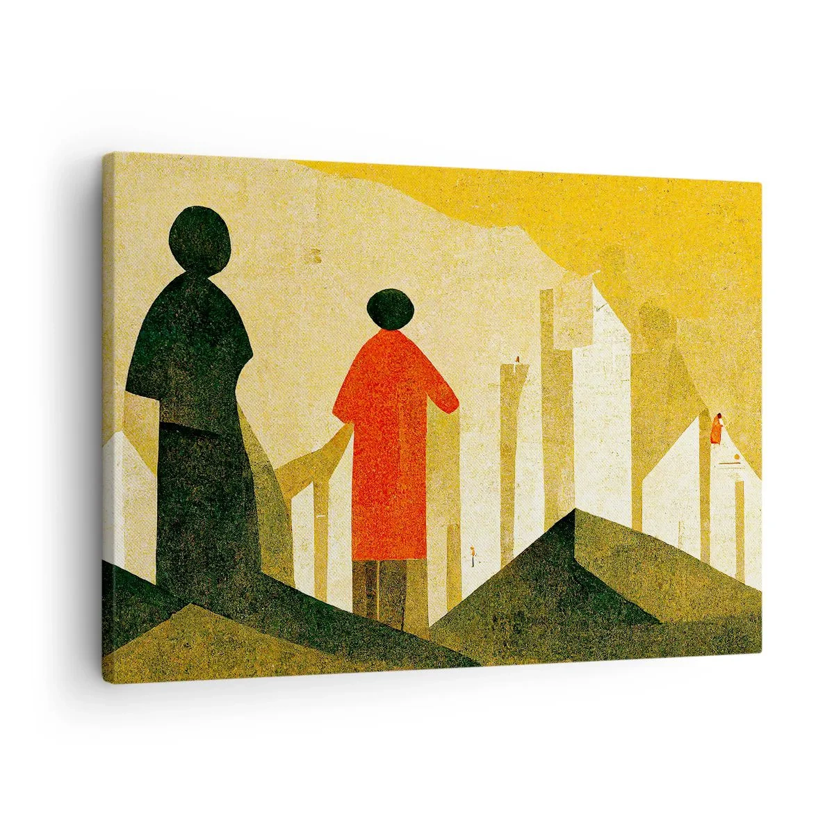 Quadro em tela - Silhuetas geométricas em vermelho e verde sobre fundo amarelo - 70x50cm - Ainda há um longo caminho a percorrer - Decoração de parede moderna para a sala de estar e quarto ARTTOR