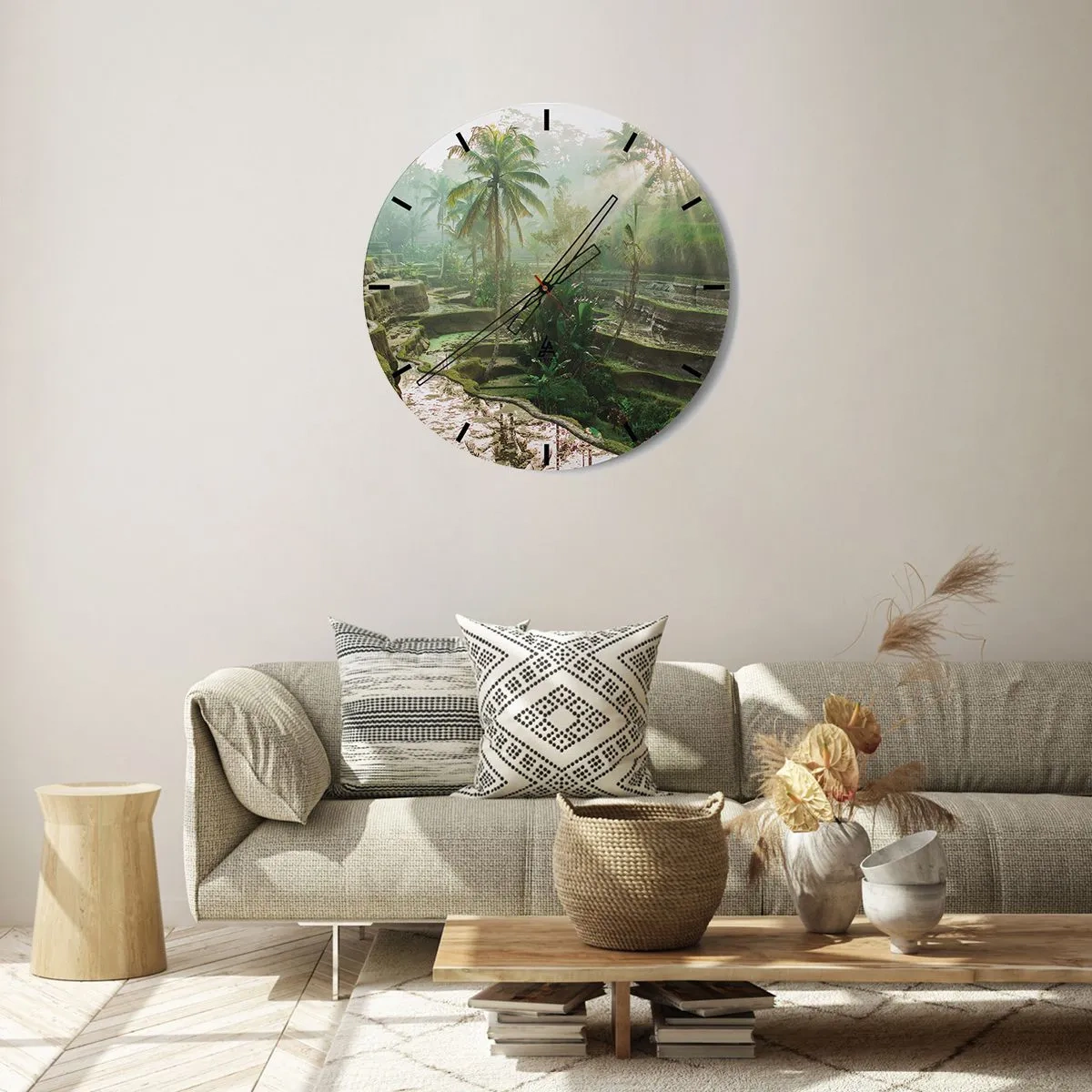 Relógio de parede - Relógio em vidro - Terraços de arroz em uma paisagem tropical em uma manhã de neblina - 30x30cm - Crescer ao sol - Decoração de parede moderna para a sala de estar, cozinha e quarto ARTTOR