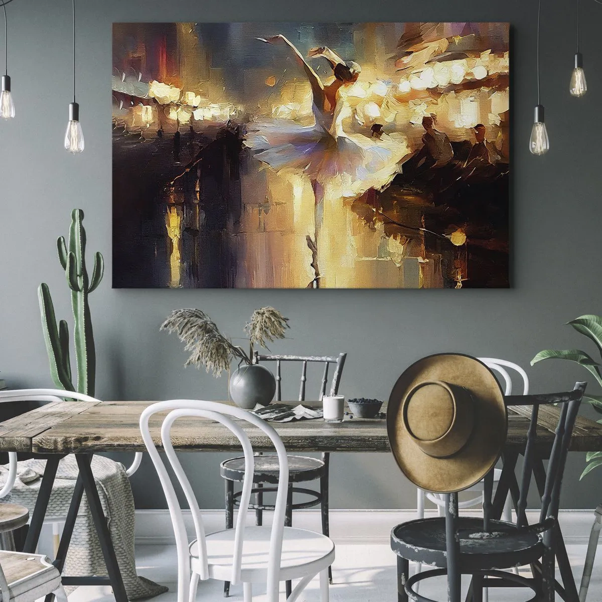 Quadro em tela - Uma bailarina dançando em frente a um palco iluminado - 70x50cm - Milagre na rua - Decoração de parede moderna para a sala de estar e quarto ARTTOR