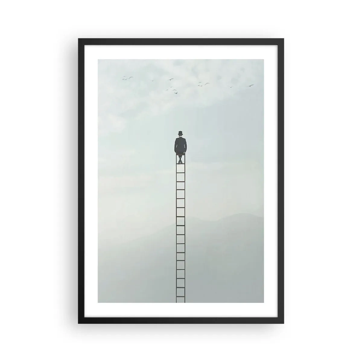 Pôster com moldura preta - Homem em uma escada olhando para o céu - 50x70cm - Vá além - Decoração de parede moderna para a sala de estar e quarto ARTTOR
