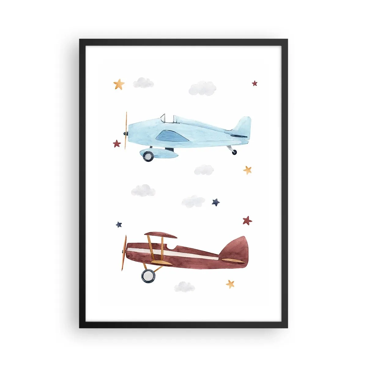 Pôster com moldura preta - Ilustrações em aquarela de dois aviões flutuando entre nuvens e estrelas. - 50x70cm - Sr. Piloto, estamos a aguardar! - Decoração de parede moderna para a sala de estar e quarto ARTTOR