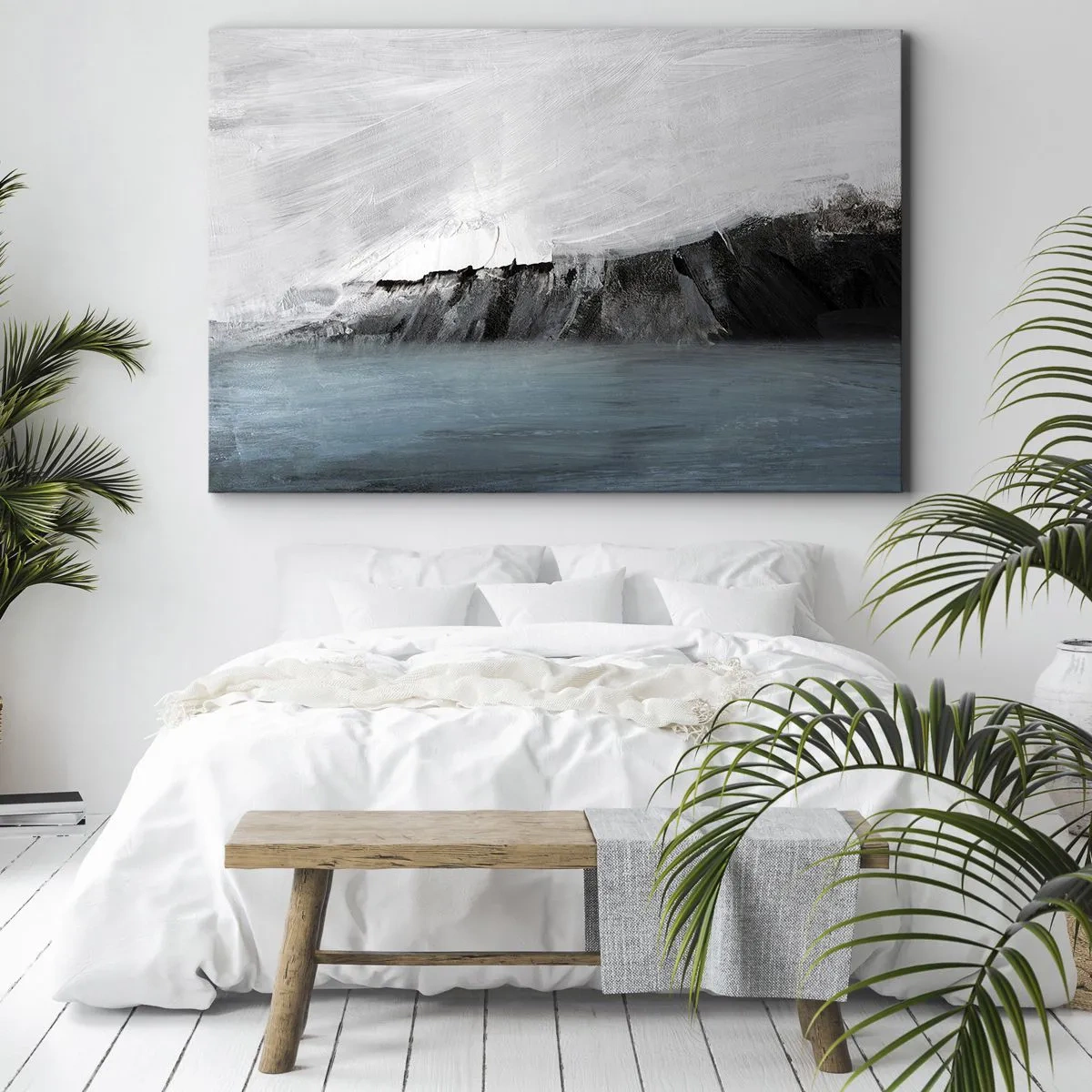 Quadro em tela - Paisagem abstrata com água e uma costa rochosa - 70x50cm - Água – terra: choque dos elementos - Decoração de parede moderna para a sala de estar e quarto ARTTOR