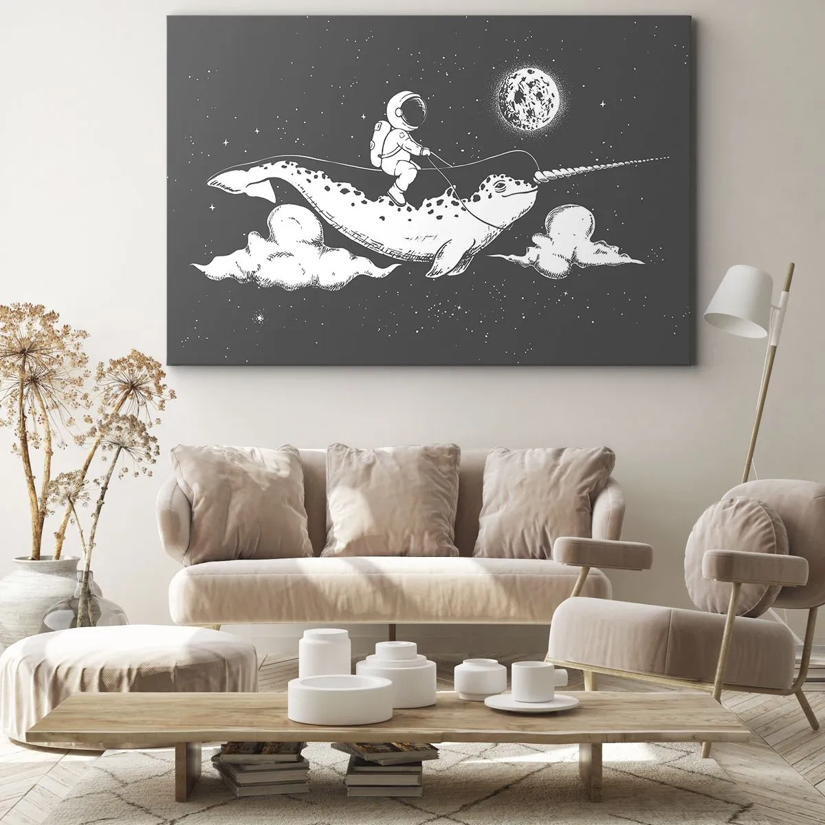 Quadro em tela - Um astronauta nas costas de um narval flutuando em uma cena espacial. - 70x50cm - Cavaleiro Espacial - Decoração de parede moderna para a sala de estar e quarto ARTTOR
