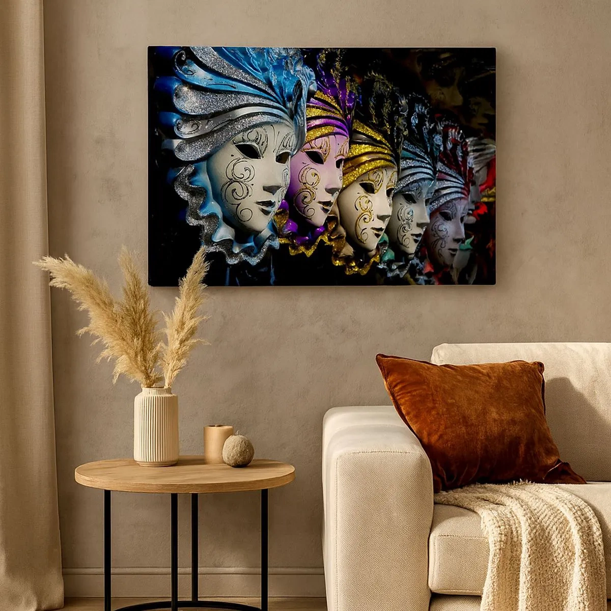 Quadro em tela - Máscaras venezianas em várias cores com padrões decorativos - 70x50cm - Mistério em ouro e prata - Decoração de parede moderna para a sala de estar e quarto ARTTOR