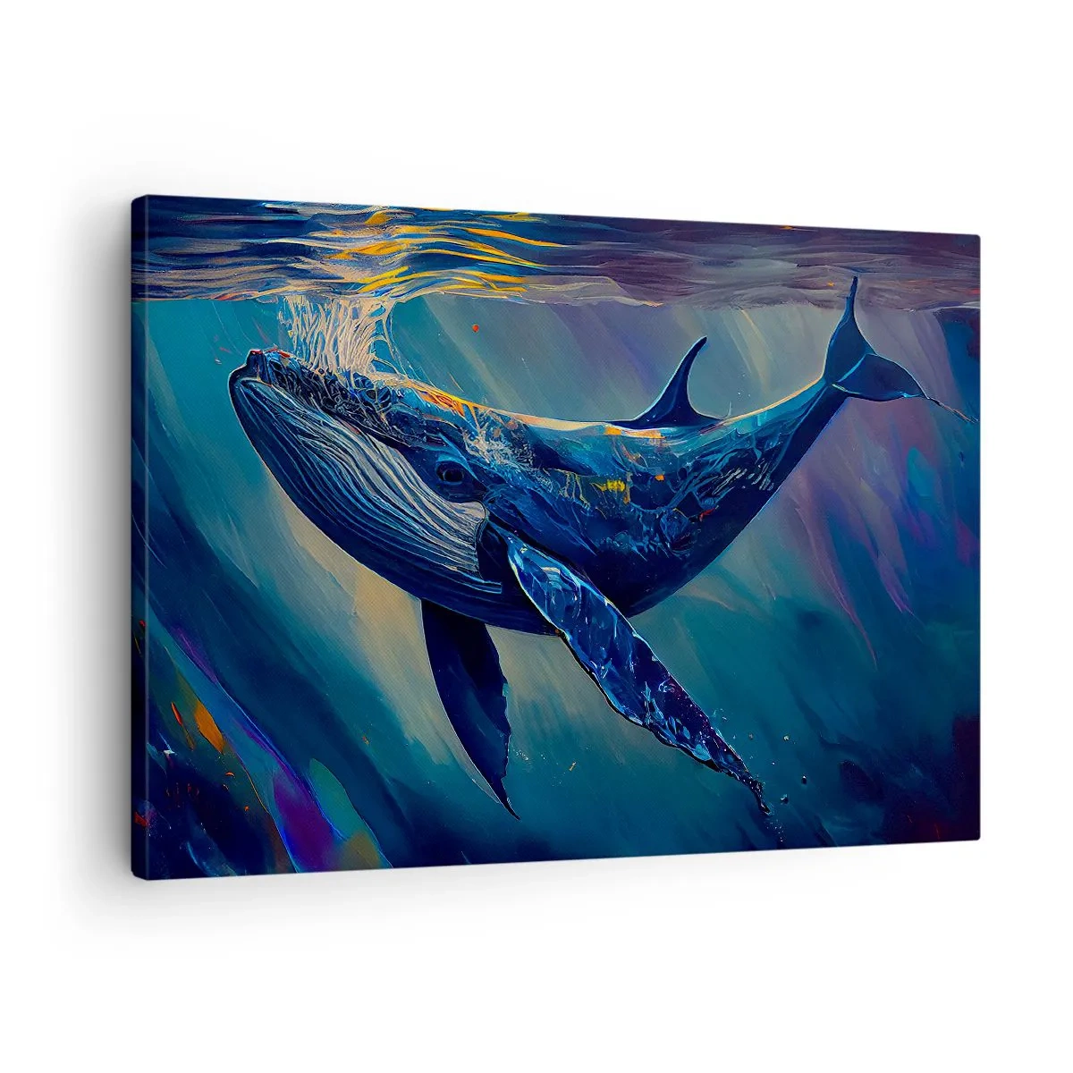 Quadro em tela - Uma baleia nas profundezas do oceano em cores luminosas - 70x50cm - Bem vindo ao meu mundo - Decoração de parede moderna para a sala de estar e quarto ARTTOR