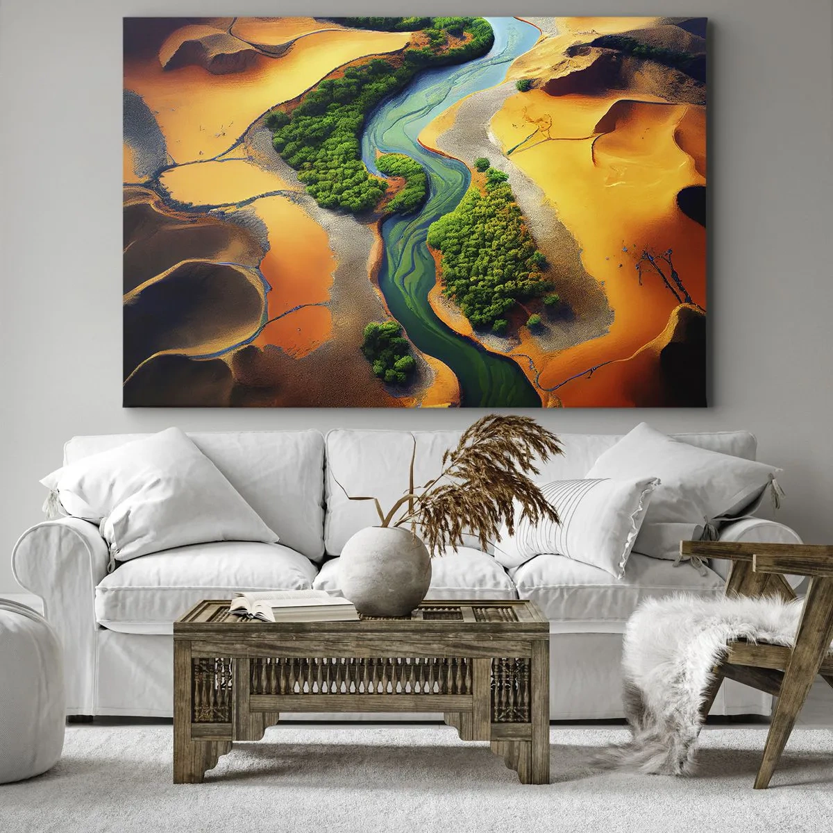 Quadro em tela - Um rio verde cercado por areias douradas e vegetação - 70x50cm - Rio que dá vida - Decoração de parede moderna para a sala de estar e quarto ARTTOR
