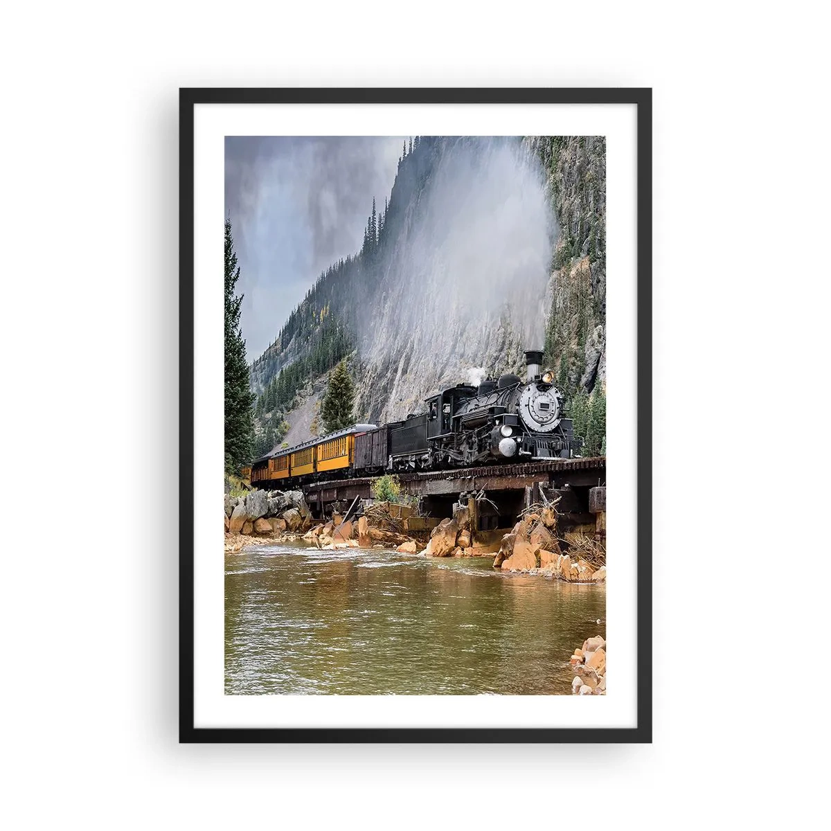 Pôster com moldura preta - Uma locomotiva a vapor em uma ponte cercada por montanhas e um rio em uma paisagem pitoresca. - 50x70cm - Para onde? Onde? - Decoração de parede moderna para a sala de estar e quarto ARTTOR