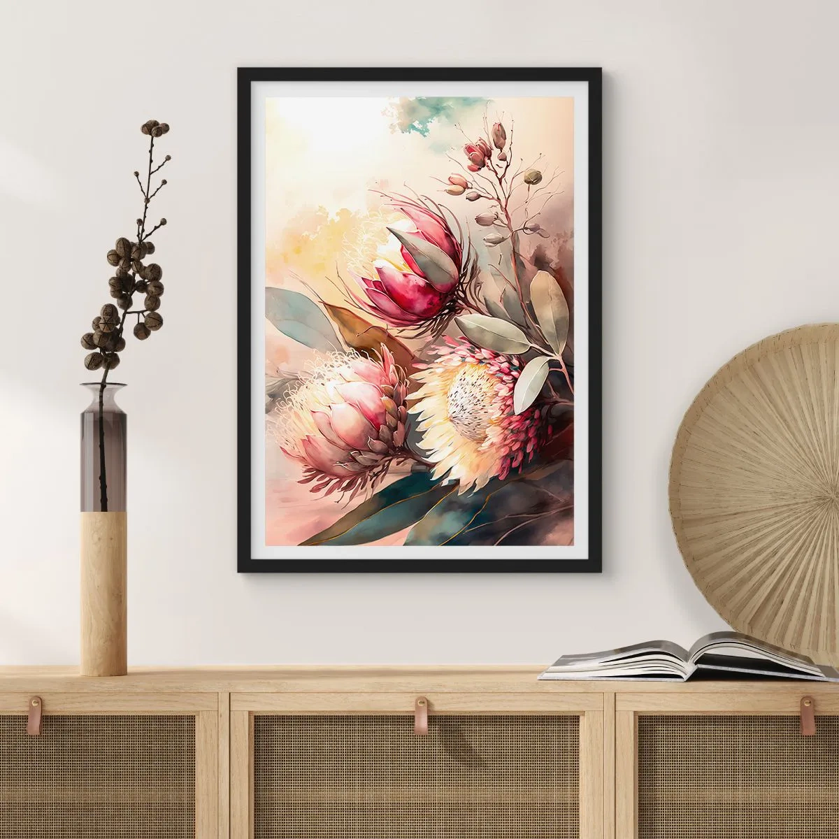 Pôster com moldura preta - Um buquê de flores de protea em cores delicadas - 50x70cm - De perfil e de frente - Decoração de parede moderna para a sala de estar e quarto ARTTOR