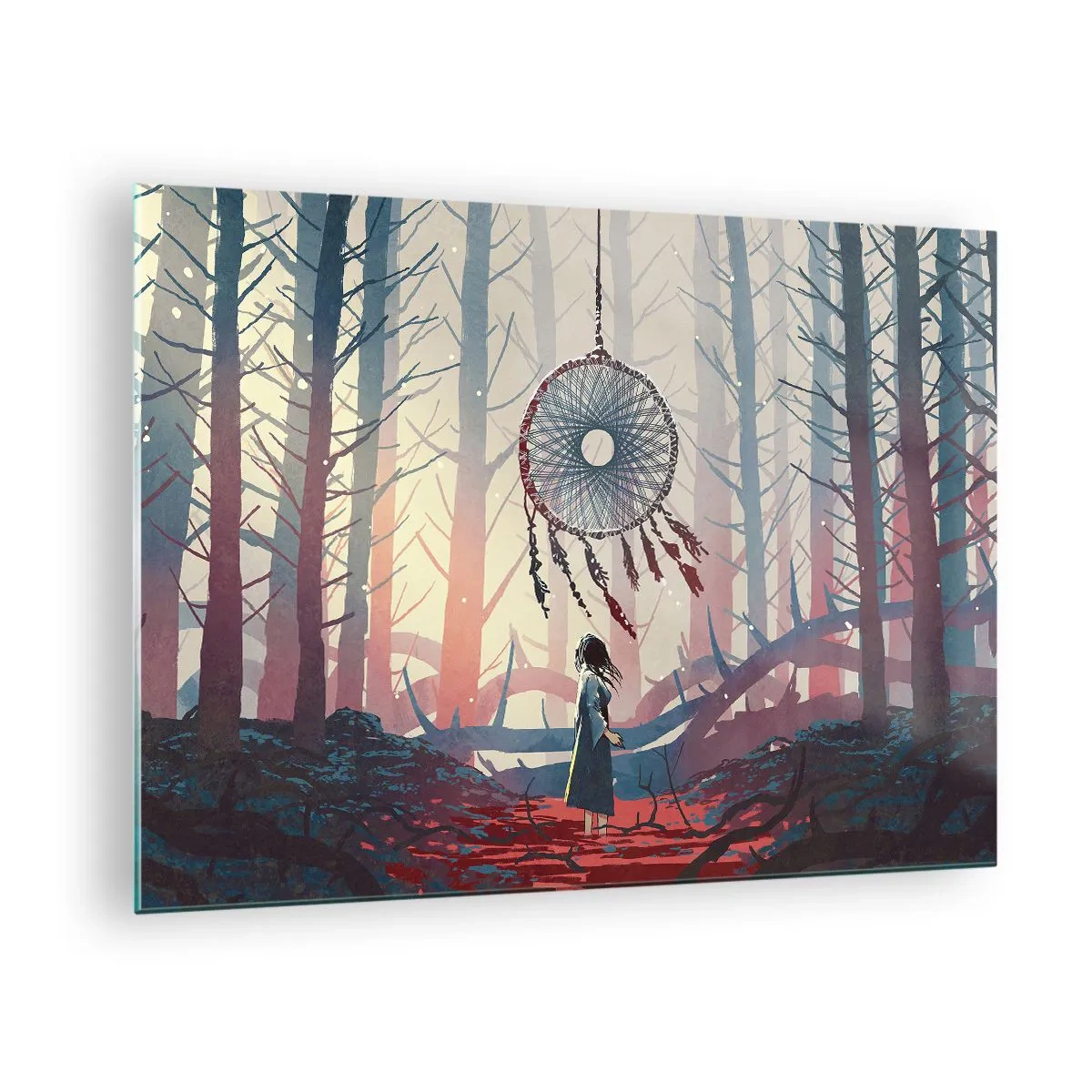 Quadro em vidro - Uma figura na floresta olha para um grande apanhador de sonhos flutuando no ar. - 70x50cm - O ritual secreto da felicidade - Decoração de parede moderna para a sala de estar e quarto ARTTOR