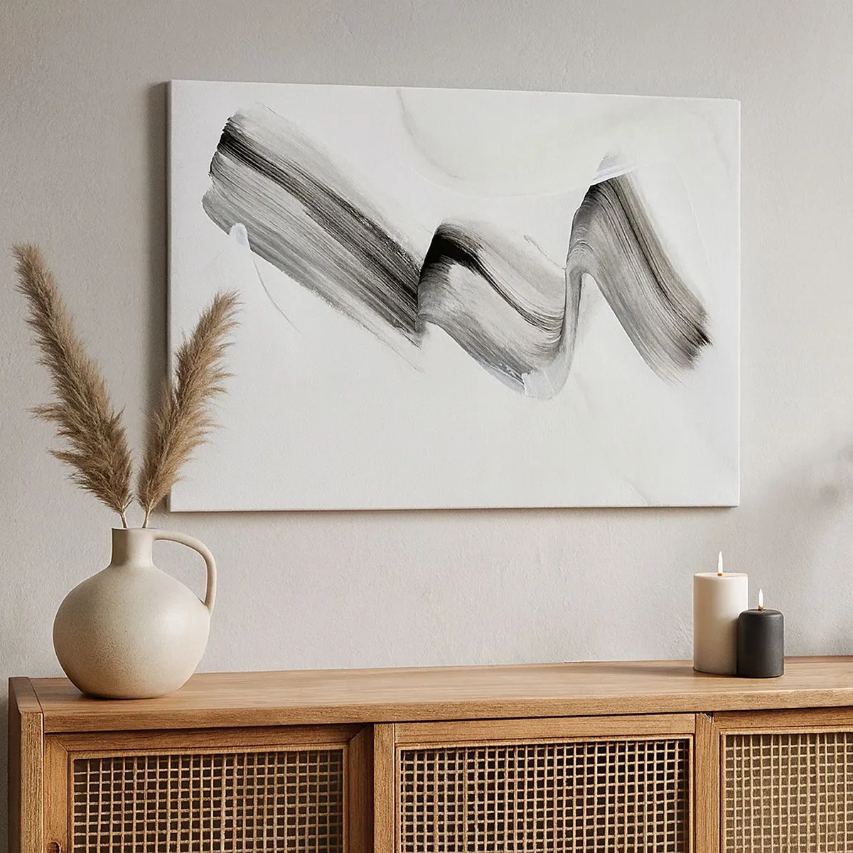 Quadro em tela - Pincelada abstrata em preto e branco sobre fundo claro - 70x50cm - Casualmente para se divertir - Decoração de parede moderna para a sala de estar e quarto ARTTOR
