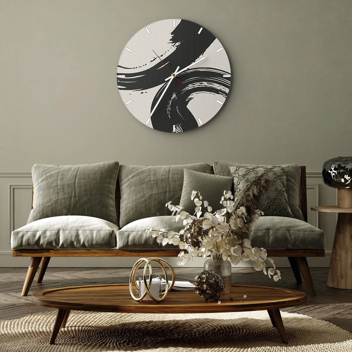 Relógio de parede - Relógio em vidro - Traços pretos amplos em um fundo claro - 30x30cm - Varrer e circular - Decoração de parede moderna para a sala de estar, cozinha e quarto ARTTOR