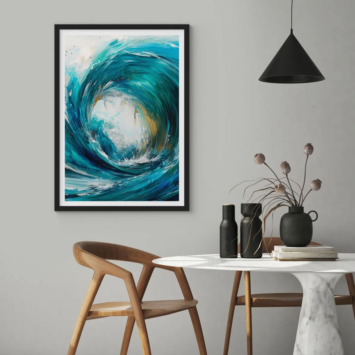 Pôster com moldura preta - Onda abstrata em tons de turquesa, azul e branco - 50x70cm - Portal do mar - Decoração de parede moderna para a sala de estar e quarto ARTTOR