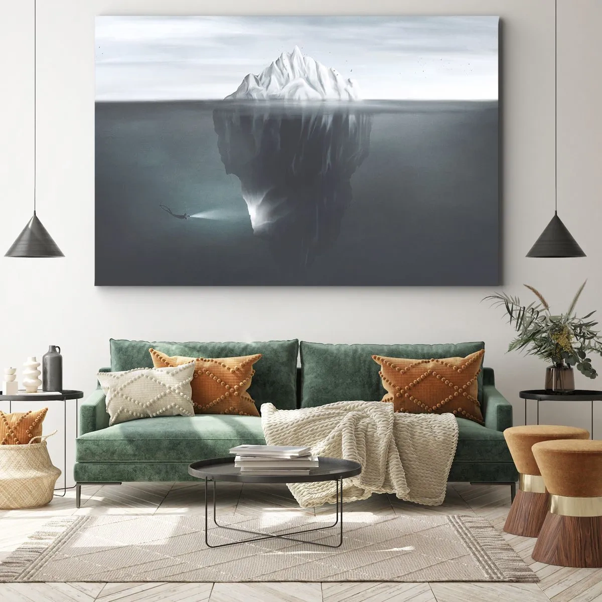 Quadro em tela - Um iceberg na água com um mergulhador e um holofote abaixo da superfície. - 70x50cm - Mistério subaquático - Decoração de parede moderna para a sala de estar e quarto ARTTOR