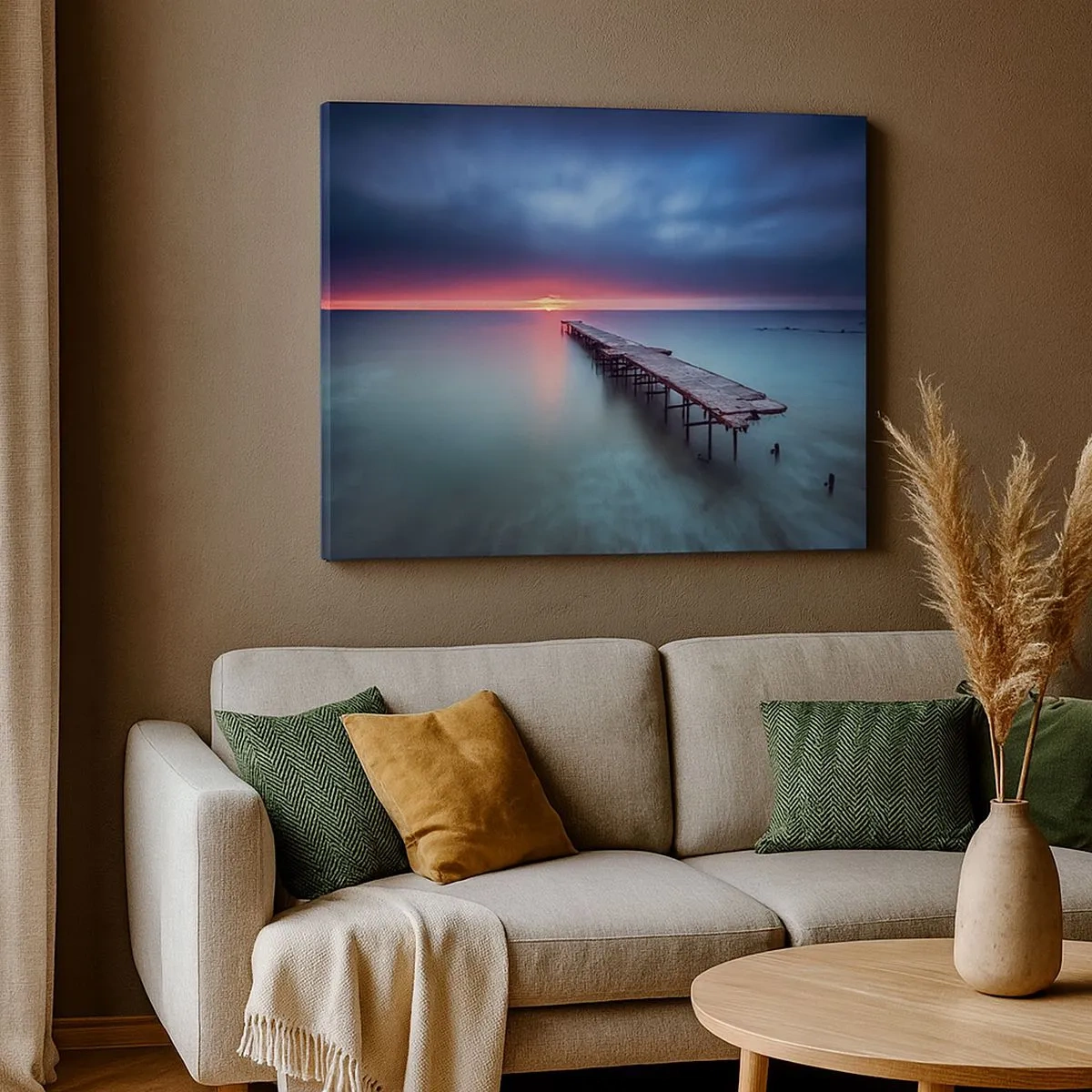 Quadro em tela - Um píer de madeira que leva direto ao mar ao pôr do sol - 70x50cm - Entre o céu e a terra - Decoração de parede moderna para a sala de estar e quarto ARTTOR