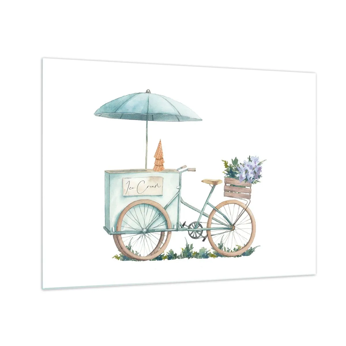 Quadro em vidro - Uma bicicleta com sorvete e flores em tons pastéis - 70x50cm - Doce lembrança do verão - Decoração de parede moderna para a sala de estar e quarto ARTTOR