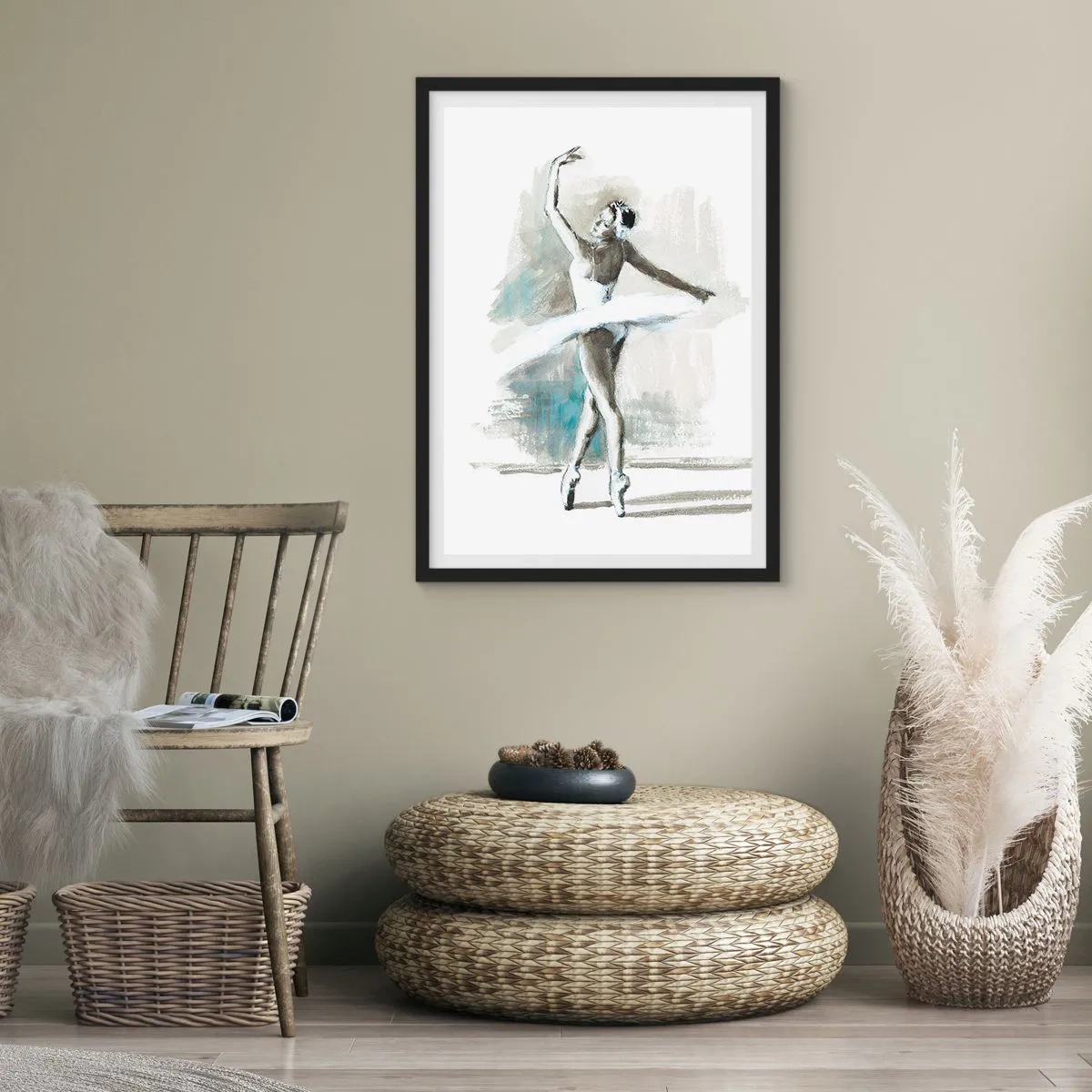 Pôster com moldura preta - Uma bailarina de vestido branco se apresentando - 50x70cm - Encantada num cisne - Decoração de parede moderna para a sala de estar e quarto ARTTOR